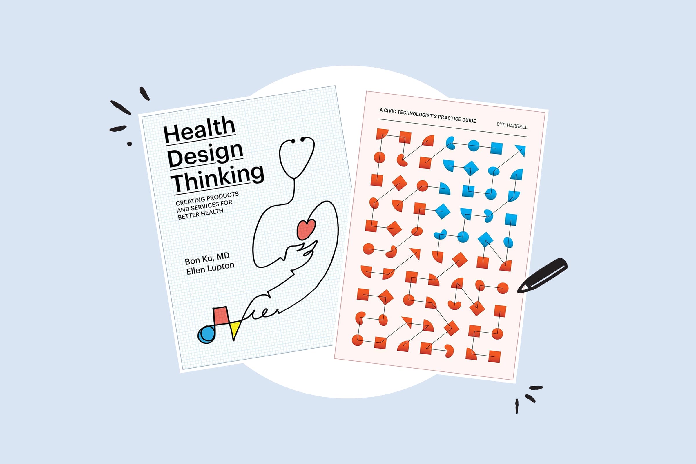 A stack of books recommended for designers working on hard problems