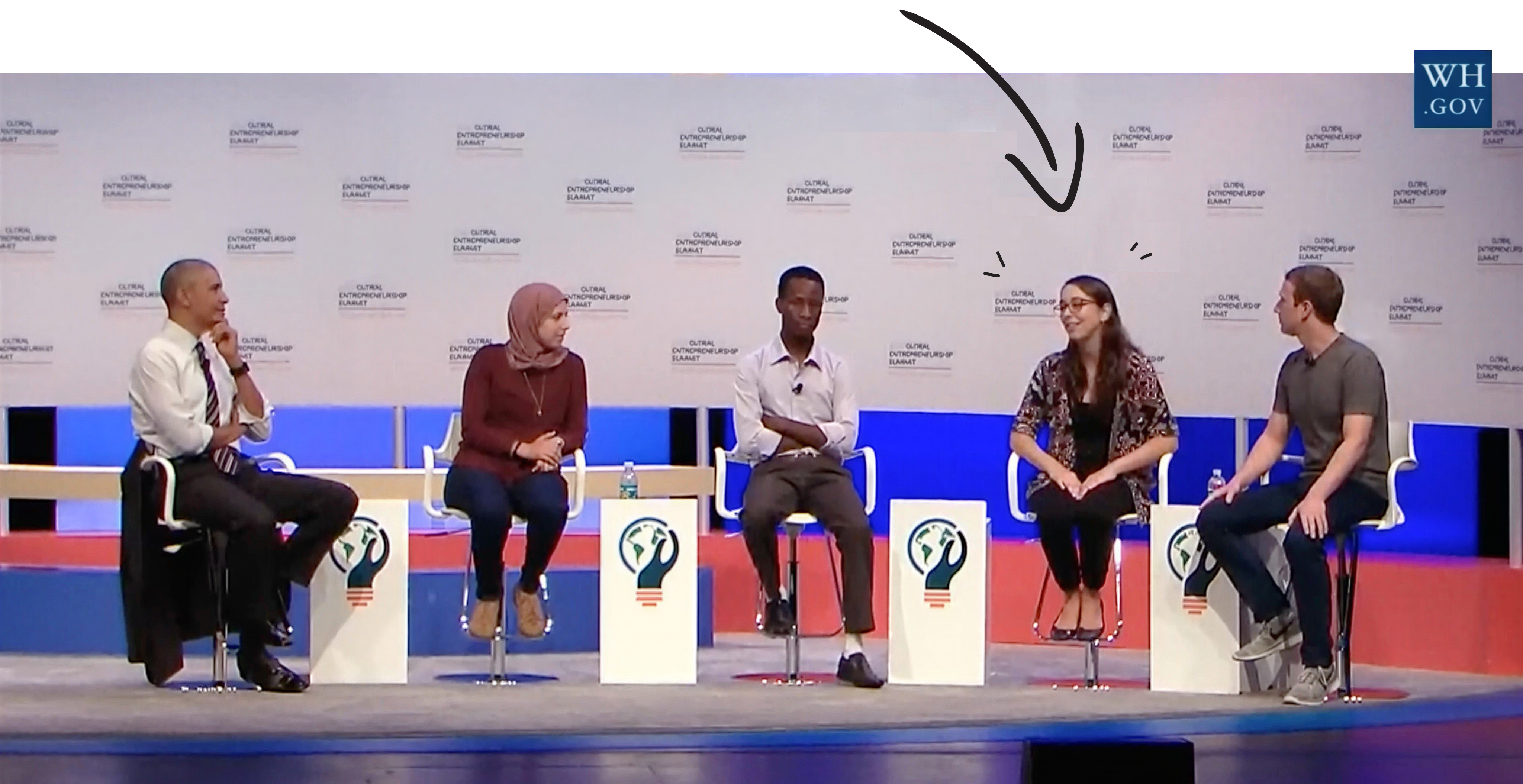 Laboratoria founder and CEO Mariana Costa Checa on stage with President Barack Obama and Mark Zuckerberg in 2016
